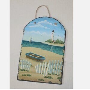 Painted Slate Beach House Wall Art 12 x 8 Picture Lighthouse Seashore Sailboat